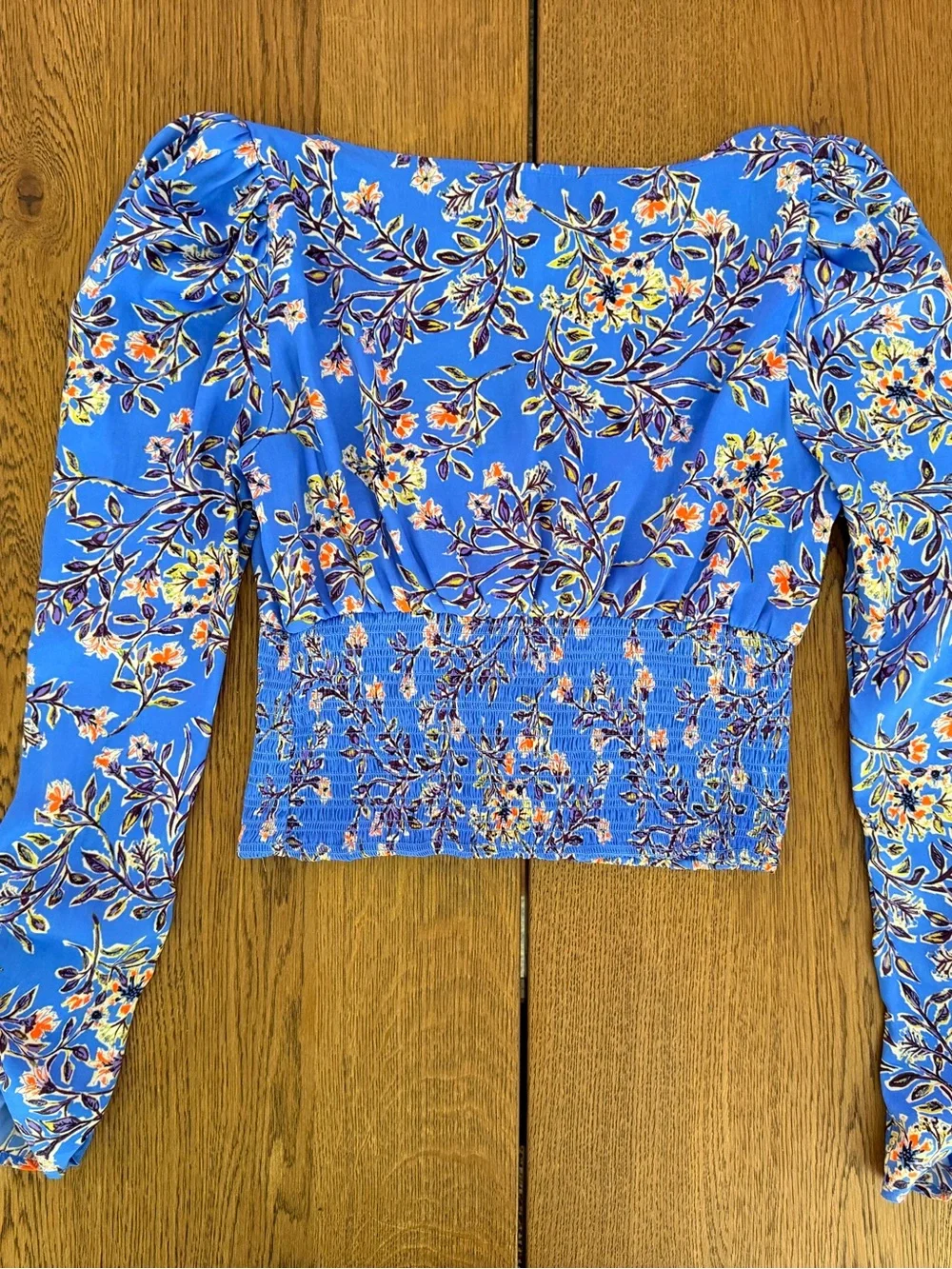 Free People Santiago Blouse Bluebell Floral Smocked Crop Top Boho Puff Sleeve S